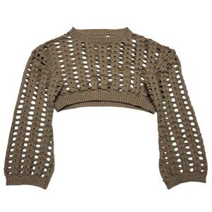 Romwe Crop Top Womens Medium Brown‎ Open Knit Sheer Cover Up Boho Festival Shirt